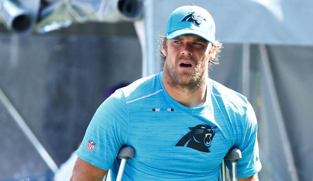 Sep 17, 2017; Charlotte, NC, USA; Carolina Panthers tight end Greg Olsen (88) walks on crutches after an injury in the game against the Buffalo Bills at Bank of America Stadium. Photo Credit: Jeremy Brevard-USA TODAY Sports