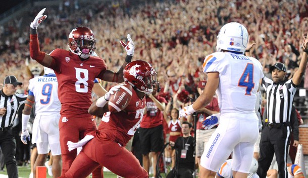 Sep 9, 2017; Pullman, WA, USA; Washington State Cougars wide receiver Tavares Martin Jr. (8) and running back Jamal Morrow (25) celebrate after a touchdown against the Boise State Broncos at Martin Stadium. Cougars won in triple overtime 47-44. Photo Credit: James Snook-USA TODAY Sports
