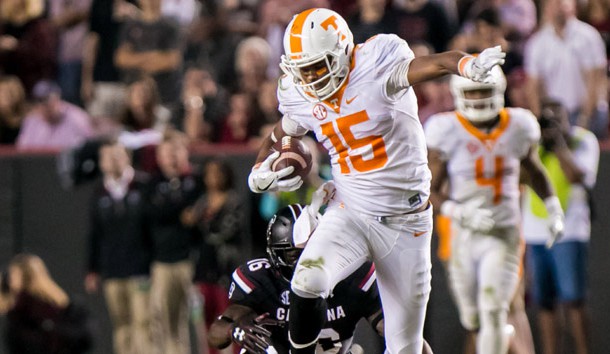 Oct 29, 2016; Columbia, SC, USA; Tennessee Volunteers wide receiver Jauan Jennings (15) steps over South Carolina Gamecocks defensive back D.J. Smith (24) in the second half at Williams-Brice Stadium. Photo Credit: Jeff Blake-USA TODAY Sports