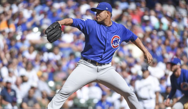 Sep 24, 2017; Milwaukee, WI, USA; Chicago Cubs pitcher Jose Quintana (62) throws a pitch in the first inning against the Milwaukee Brewers at Miller Park. Photo Credit: Benny Sieu-USA TODAY Sports