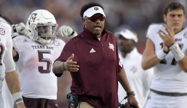 Sep 3 2017 Pasadena CA USA Texas A&M Aggies head coach Kevin Sumlin reacts during a NCAA football game against the UCLA Bruins at Rose Bowl
