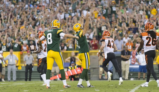 Sep 24, 2017; Green Bay, WI, USA; Green Bay Packers kicker Mason Crosby (2) celebrates after making the game winning field goal during overtime against the Cincinnati Bengals at Lambeau Field. Photo Credit: Jeff Hanisch-USA TODAY Sports