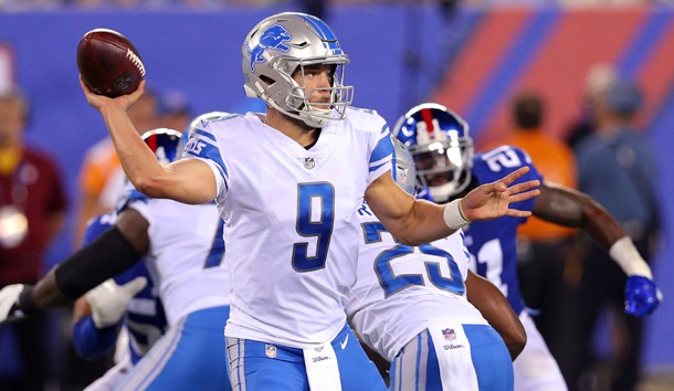 Sep 18, 2017; East Rutherford, NJ, USA; Detroit Lions quarterback Matthew Stafford (9) throws a pass against the New York Giants during the second quarter at MetLife Stadium. Photo Credit: Brad Penner-USA TODAY Sports