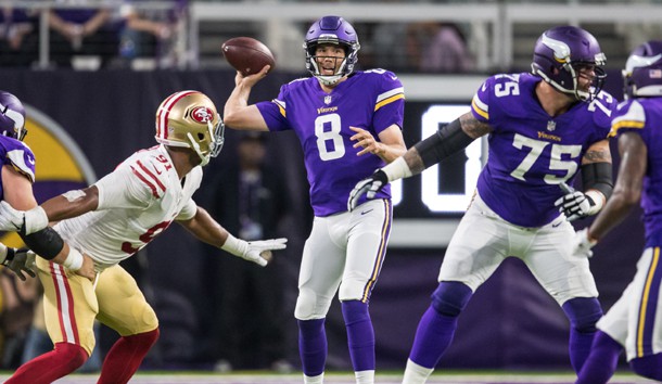 Aug 27, 2017; Minneapolis, MN, USA; Minnesota Vikings quarterback Sam Bradford (8) passes during the second quarter against the San Francisco 49ers at U.S. Bank Stadium. Photo Credit: Brace Hemmelgarn-USA TODAY Sports
