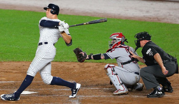 October 9, 2017; Bronx, NY, USA; New York Yankees right fielder Aaron Judge (99) hits a two run RBI double against the Cleveland Indians in the second inning during game four of the 2017 ALDS playoff baseball series at Yankee Stadium. Photo Credit: Brad Penner-USA TODAY Sports
