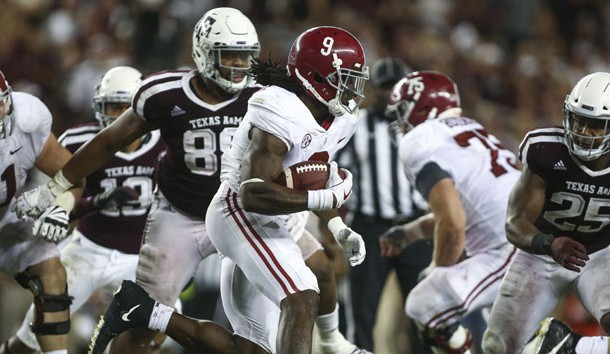 Oct 7, 2017; College Station, TX, USA; Alabama Crimson Tide running back Bo Scarbrough (9) runs with the ball during the fourth quarter against the Texas A&M Aggies at Kyle Field. Photo Credit: Troy Taormina-USA TODAY Sports