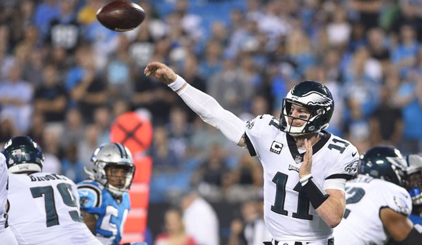 Oct 12, 2017; Charlotte, NC, USA; Philadelphia Eagles quarterback Carson Wentz (11) passes the ball in the first quarter at Bank of America Stadium. Photo Credit: Bob Donnan-USA TODAY Sports