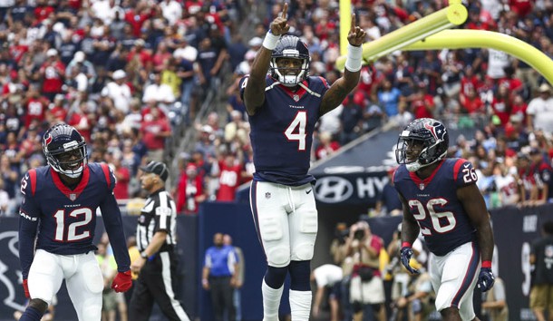Oct 1, 2017; Houston, TX, USA; Houston Texans quarterback Deshaun Watson (4) celebrates after scoring a touchdown during the second quarter against the Tennessee Titans at NRG Stadium. Photo Credit: Troy Taormina-USA TODAY Sports