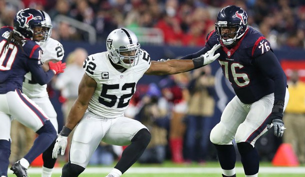 Jan 7, 2017; Houston, TX, USA; Oakland Raiders defensive end Khalil Mack (52) rushes the passer against Houston Texans tackle Duane Brown (76) in the AFC Wild Card playoff football game at NRG Stadium. Photo Credit: Matthew Emmons-USA TODAY Sports