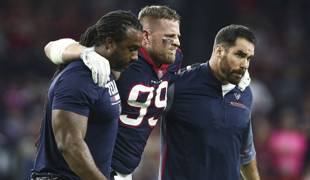 Oct 8, 2017; Houston, TX, USA; Houston Texans defensive end J.J. Watt (99) is helped off the field after an apparent injury during the first half against the Kansas City Chiefs at NRG Stadium. Photo Credit: Troy Taormina-USA TODAY Sports