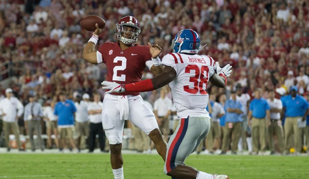 Sep 30, 2017; Tuscaloosa, AL, USA; Alabama Crimson Tide quarterback Jalen Hurts (2) looks to pass against the Mississippi Rebels during the first quarter at Bryant-Denny Stadium. Photo Credit: Marvin Gentry-USA TODAY Sports