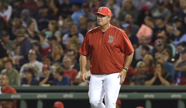 Aug 25, 2017; Boston, MA, USA; Boston Red Sox manager John Farrell (53) walks to the mound during the fifth inning against the Baltimore Orioles at Fenway Park. Photo Credit: Bob DeChiara-USA TODAY Sports