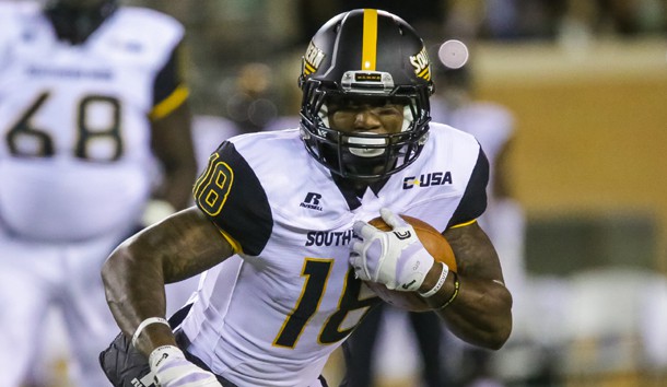 Nov 19, 2016; Denton, TX, USA; Southern Miss Golden Eagles wide receiver Korey Robertson (18) runs with the ball in the third quarter against North Texas Mean Green at Apogee Stadium. Photo Credit: Sean Pokorny-USA TODAY Sports