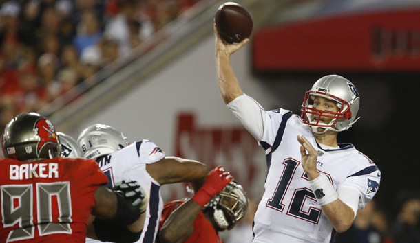 Oct 5, 2017; Tampa, FL, USA; New England Patriots quarterback Tom Brady (12) throws a pass during the second half of a football game against the Tampa Bay Buccaneers at Raymond James Stadium. Photo Credit: Reinhold Matay-USA TODAY Sports