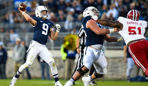 Sep 30, 2017; University Park, PA, USA; Penn State Nittany Lions quarterback Trace McSorley (9) passes the ball against the Indiana Hoosiers during the fourth quarter at Beaver Stadium. Photo Credit: Rich Barnes-USA TODAY Sports
