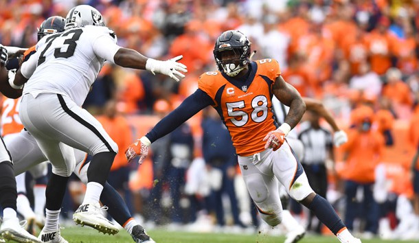 Oct 1, 2017; Denver, CO, USA; Denver Broncos outside linebacker Von Miller (58) pass rushes at Oakland Raiders offensive tackle Marshall Newhouse (73) in the third quarter at Sports Authority Field at Mile High. Photo Credit: Ron Chenoy-USA TODAY Sports