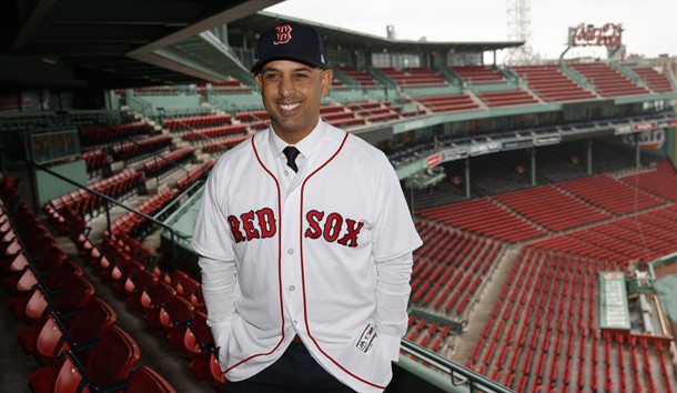 Nov 6, 2017; Boston, MA, USA; The new Red Sox head manager Alex Cora poses for a portrait with Fenway Park in the background. Mandatory Credit: Greg M. Cooper-USA TODAY Sports