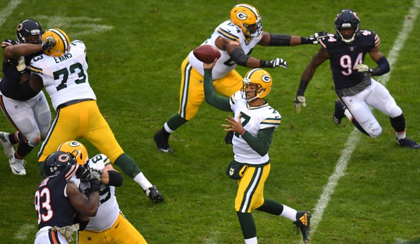 Nov 12, 2017; Chicago, IL, USA; Green Bay Packers quarterback Brett Hundley (7) passes against the Chicago Bears during the first half at Soldier Field. Photo Credit: Patrick Gorski-USA TODAY Sports