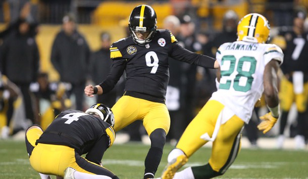 Nov 26, 2017; Pittsburgh, PA, USA; Pittsburgh Steelers kicker Chris Boswell (9) kicks a fifty-three yard field goal as time expires to defeat the Green Bay Packers 31-28 at Heinz Field. Photo Credit: Charles LeClaire-USA TODAY Sports