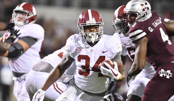 Nov 11, 2017; Starkville, MS, USA; Alabama Crimson Tide running back Damien Harris (34) runs the ball during a play that would result in a touchdown against the Mississippi State Bulldogs during the fourth quarter at Davis Wade Stadium. Photo Credit: Matt Bush-USA TODAY Sports