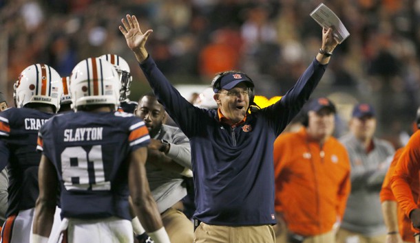 Nov 11, 2017; Auburn, AL, USA; Auburn Tigers head coach Gus Malzahn celebrates after a touchdown against the Georgia Bulldogs during the third quarter at Jordan-Hare Stadium. Photo Credit: John Reed-USA TODAY Sports