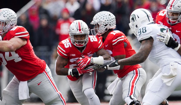 Nov 11, 2017; Columbus, OH, USA; Ohio State Buckeyes running back Mike Weber (25) takes a handoff from quarterback J.T. Barrett (16) and breaks a long run for the first touchdown of the game against the Michigan State Spartans at Ohio Stadium. Photo Credit: Greg Bartram-USA TODAY Sports