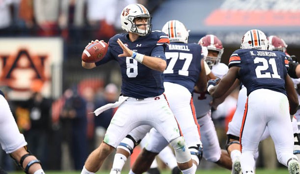 Nov 25, 2017; Auburn, AL, USA; Auburn Tigers quarterback Jarrett Stidham (8) looks to pass during the second quarter against the Alabama Crimson Tide at Jordan-Hare Stadium. Photo Credit: Christopher Hanewinckel-USA TODAY Sports