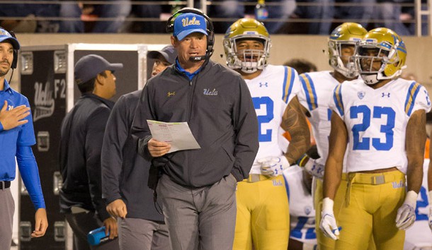 Nov 3, 2017; Salt Lake City, UT, USA; UCLA Bruins head coach Jim Mora (with headset) during the first half against the Utah Utes at Rice-Eccles Stadium. Photo Credit: Russ Isabella-USA TODAY Sports