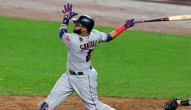 October 9, 2017; Bronx, NY, USA; Cleveland Indians first baseman Carlos Santana (41) hits a two run home run in the fourth inning against the New York Yankees during game four of the 2017 ALDS playoff baseball series at Yankee Stadium. Photo Credit: Brad Penner-USA TODAY Sports