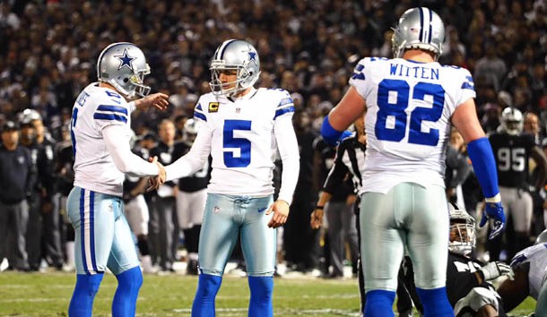Dec 17, 2017; Oakland, CA, USA; Dallas Cowboys kicker Dan Bailey (5) shakes hands with punter Chris Jones (6) after scoring a field goal during the fourth quarter at Oakland Coliseum. Photo Credit: Kelley L Cox-USA TODAY Sports
