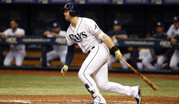 Sep 15, 2017; St. Petersburg, FL, USA; Tampa Bay Rays third baseman Evan Longoria (3) singles during the fifth inning against the Boston Red Sox at Tropicana Field. Photo Credit: Kim Klement-USA TODAY Sports