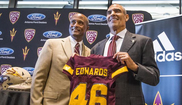 Dec 4, 2017; Tempe, AZ, USA; Arizona State Sun Devils vice president of athletics Ray Anderson, left, introduces the new head football coach Herman Edwards at Sun Devil Stadium. Photo Credit: Tom Tingle/The Arizona Republic via USA TODAY Sports