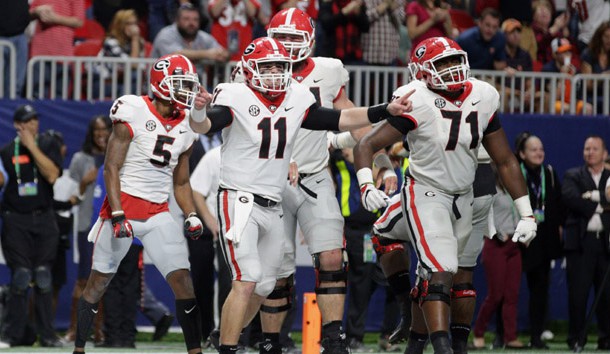 Dec 2, 2017; Atlanta, GA, USA; Georgia Bulldogs quarterback Jake Fromm (11) celebrates after throwing a pass for a successful two point conversion to wide receiver Terry Godwin (5) against the Auburn Tigers during the fourth quarter of the SEC Championship game at Mercedes-Benz Stadium. Photo Credit: Marvin Gentry-USA TODAY Sports