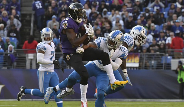 Dec 3, 2017; Baltimore, MD, USA; Detroit Lions cornerback Quandre Diggs (28) hits Baltimore Ravens wide receiver Jeremy Maclin (18) after the catch during the second quarter at M&T Bank Stadium. Photo Credit: Tommy Gilligan-USA TODAY Sports