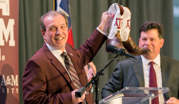 Dec 4, 2017; College Station, TX, USA; Texas A&M head coach Jimbo Fisher was gifted a pair of custom Texas A&M cowboy boots at the press conference held at the Hall of Champions in Kyle Field. Photo Credit: C. Morgan Engel-USA TODAY Sports