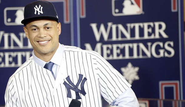 Dec 11, 2017; Orlando, FL, USA; New York Yankees outfielder Giancarlo Stanton (27) is interview by MLB network during the winter meetings at Walt Disney World Swan and Dolphin Resort. Photo Credit: Kim Klement-USA TODAY Sports