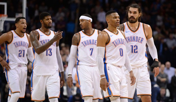 Dec 5, 2017; Oklahoma City, OK, USA; Oklahoma City Thunder guard Andre Roberson (21) forward Paul George (13) forward Carmelo Anthony (7) guard Russell Westbrook (0) and center Steven Adams (12) take the court after a timeout in action against the Utah Jazz during the fourth quarter at Chesapeake Energy Arena. Photo Credit: Mark D. Smith-USA TODAY Sports