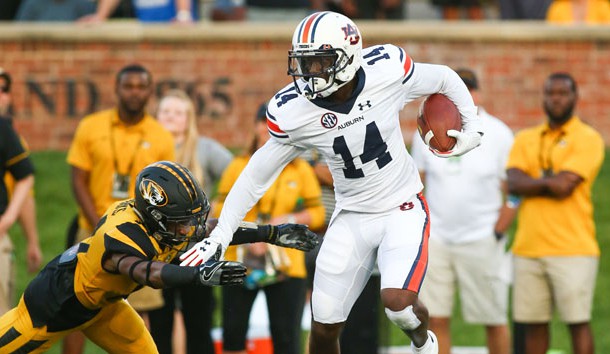 Sep 23, 2017; Columbia, MO, USA; Auburn Tigers defensive back Stephen Roberts (14) runs against Missouri Tigers defensive back Adam Sparks (14) in the first half at Faurot Field. Photo Credit: Jay Biggerstaff-USA TODAY Sports