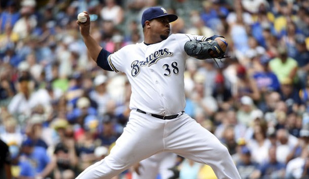 Jun 8, 2017; Milwaukee, WI, USA; Milwaukee Brewers pitcher Wily Peralta (38) pitches in the sixth inning against the San Francisco Giants at Miller Park. Photo Credit: Benny Sieu-USA TODAY Sports