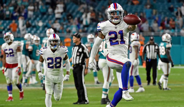 Dec 31, 2017; Miami Gardens, FL, USA; Buffalo Bills free safety Jordan Poyer (21) celebrates after intercepting a pass from Miami Dolphins quarterback David Fales (9) during the second half at Hard Rock Stadium. Photo Credit: Jasen Vinlove-USA TODAY Sports