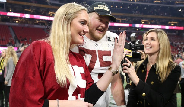 Jan 8, 2018; Atlanta, GA, USA; Alabama Crimson Tide offensive lineman Bradley Bozeman (75) proposed to his girlfriend after defeating the Georgia Bulldogs to win the 2018 CFP national championship college football game at Mercedes-Benz Stadium. Photo Credit: Brett Davis-USA TODAY Sports