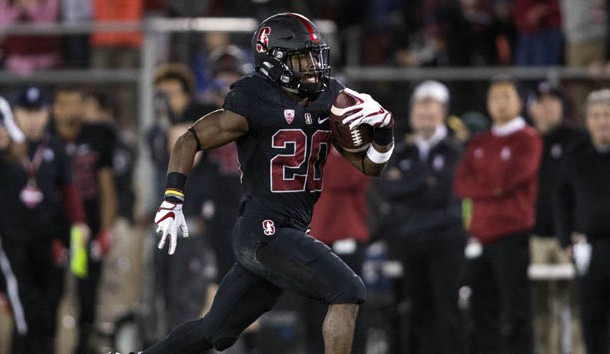 Oct 14, 2017; Stanford, CA, USA; Stanford Cardinal running back Bryce Love (20) runs for a touchdown against the Oregon Ducks during the first quarterat Stanford Stadium. Photo Credit: Neville E. Guard-USA TODAY Sports