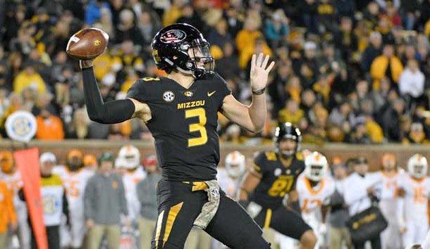 Nov 11, 2017; Columbia, MO, USA; Missouri Tigers quarterback Drew Lock (3) throws a pass during the first half against the Tennessee Volunteers at Faurot Field. Photo Credit: Denny Medley-USA TODAY Sports