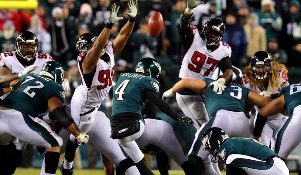 Jan 13, 2018; Philadelphia, PA, USA; Philadelphia Eagles kicker Jake Elliott (4) kicks a field goal at the end of the first half against the Atlanta Falcons in the NFC Divisional playoff game at Lincoln Financial Field. Photo Credit: Brad Penner-USA TODAY Sports