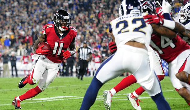 January 6, 2018; Los Angeles, CA, USA; Atlanta Falcons wide receiver Julio Jones (11) runs the ball against the Los Angeles Rams during the first half in the NFC Wild Card playoff football game at the Los Angeles Memorial Coliseum. Photo Credit: Gary A. Vasquez-USA TODAY Sports