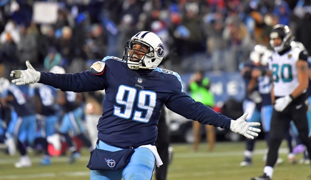 Dec 31, 2017; Nashville, TN, USA; Tennessee Titans defensive end Jurrell Casey (99) reacts after teammate Titans free safety Kevin Byard (31) intercepts a pass to end the game and give the Titans the win against the Jacksonville Jaguars during the second half at Nissan Stadium. Tennessee won 15-10. Photo Credit: Jim Brown-USA TODAY Sports