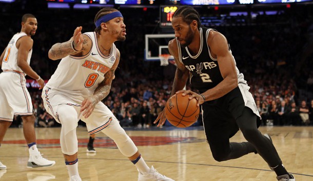 Jan 2, 2018; New York, NY, USA; San Antonio Spurs forward Kawhi Leonard (2) drives to the basket past New York Knicks forward Michael Beasley (8) during the second half at Madison Square Garden. Photo Credit: Adam Hunger-USA TODAY Sports