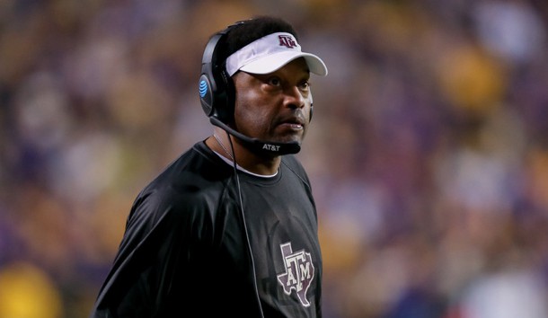 Nov 25, 2017; Baton Rouge, LA, USA; Texas A&M Aggies head coach Kevin Sumlin looks at the scoreboard during the game against the LSU Tigers at Tiger Stadium. Photo Credit: Stephen Lew-USA TODAY Sports