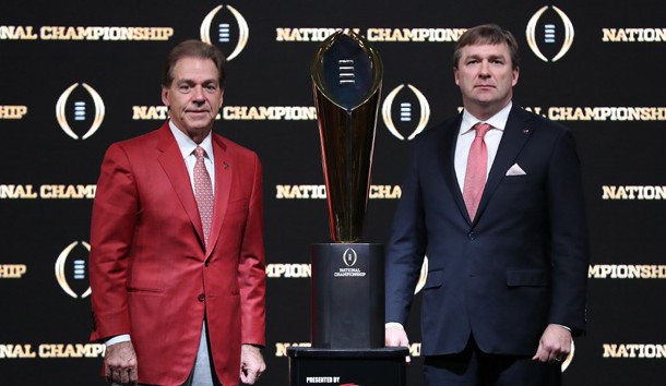 Jan 7, 2018; Atlanta, GA, USA; Alabama Crimson Tide head coach Nick Saban (left) poses for a photo with Georgia Bulldogs head coach Kirby Smart and College Football Playoff National Championship Trophy at Sheraton Atlanta. Photo Credit: Matthew Emmons-USA TODAY Sports