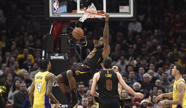 Dec 14, 2017; Cleveland, OH, USA; Cleveland Cavaliers forward LeBron James (23) dunks in the first quarter against the Los Angeles Lakers at Quicken Loans Arena. Photo Credit: David Richard-USA TODAY Sports